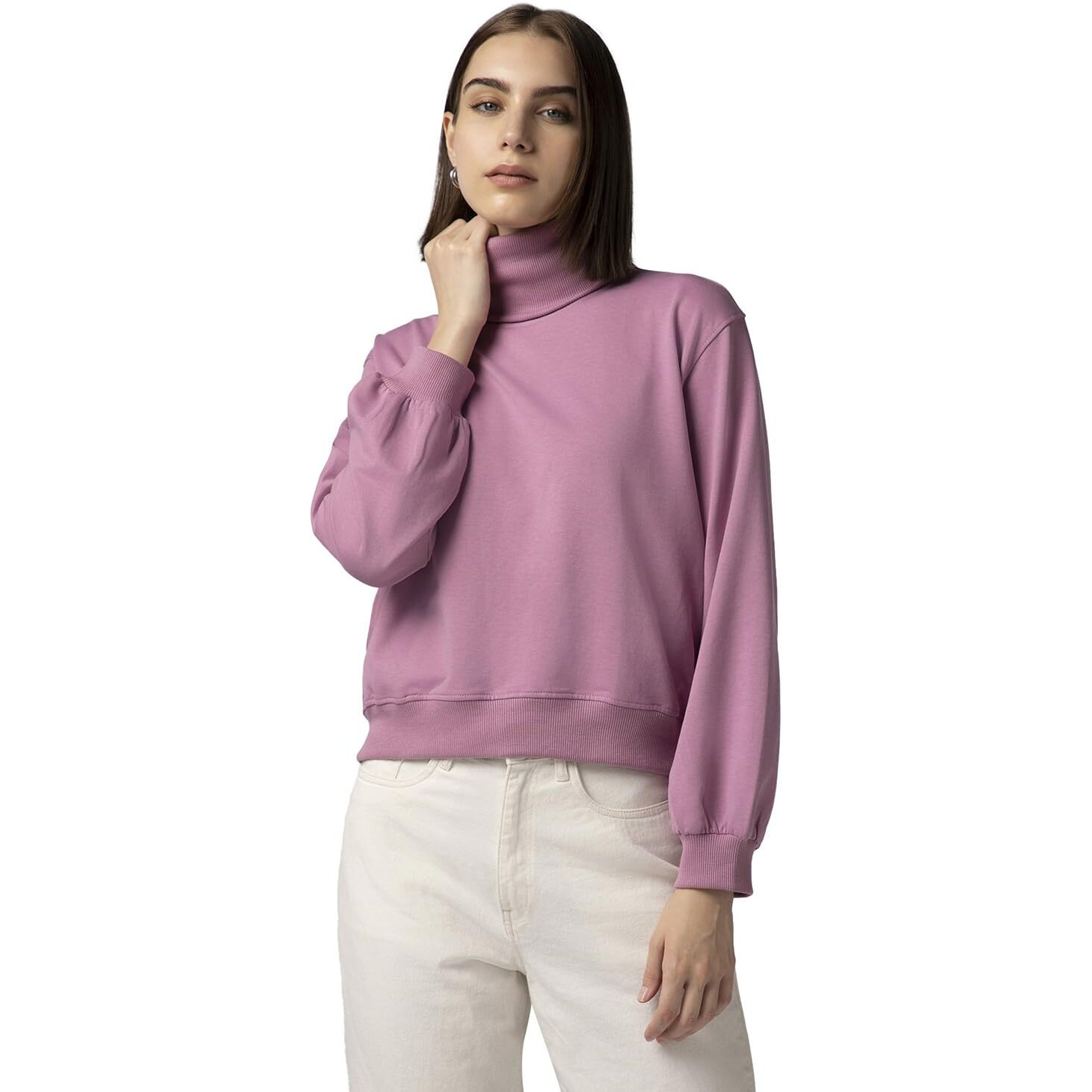 FYLTR Women's Drop Shoulder Boxy Fit Sweatshirt with Turtle Neck & Balloon Sleeve Peony Pink