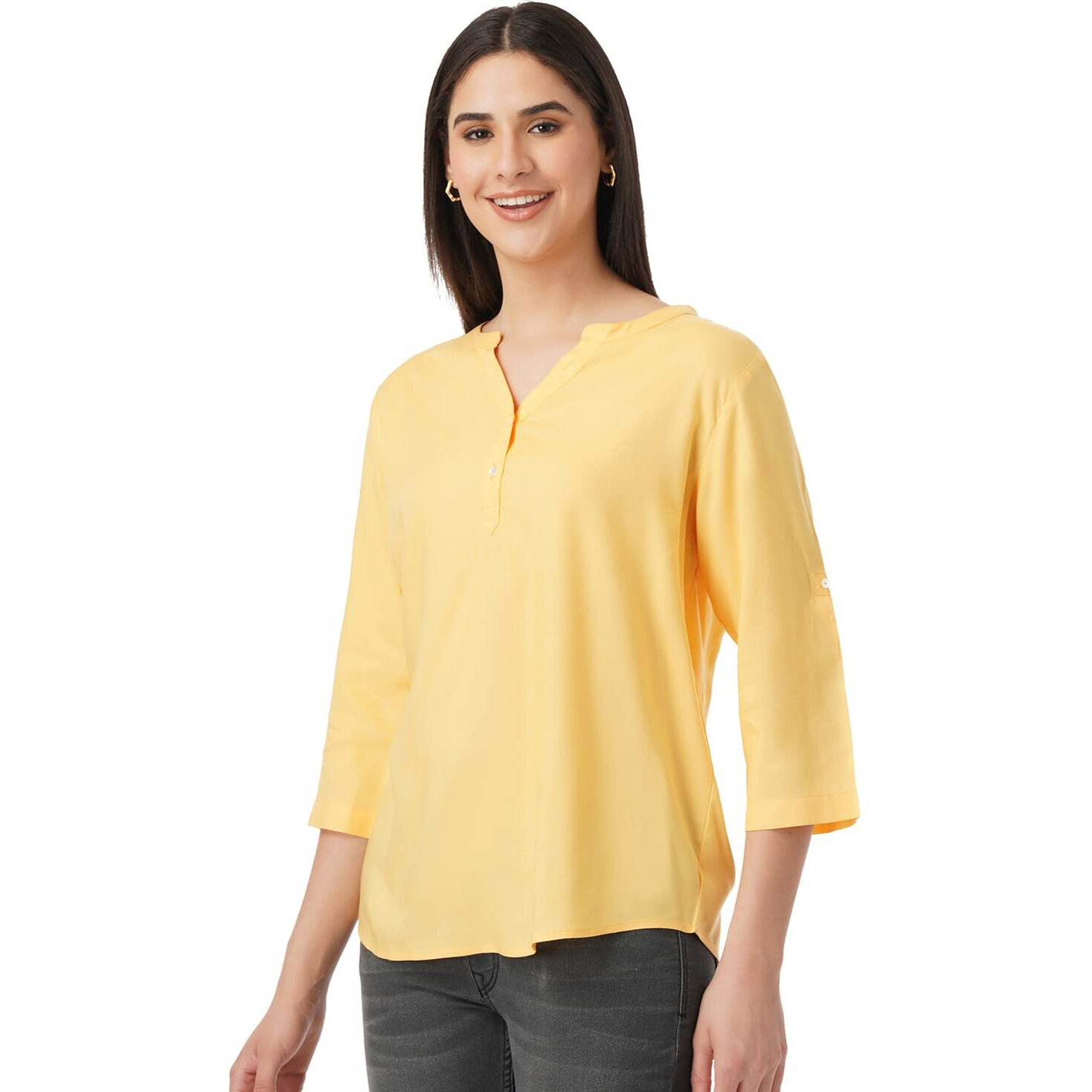 FYLTR Women's Fashion V-Neck Top with Roll-up Sleeves