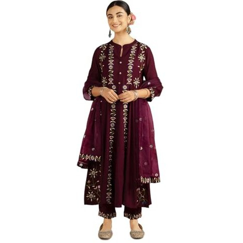 Kaari Rayon Staple 3 PCS Women Kurta Set (KAAAW24WSKD-82025_Royal Maroon _M)