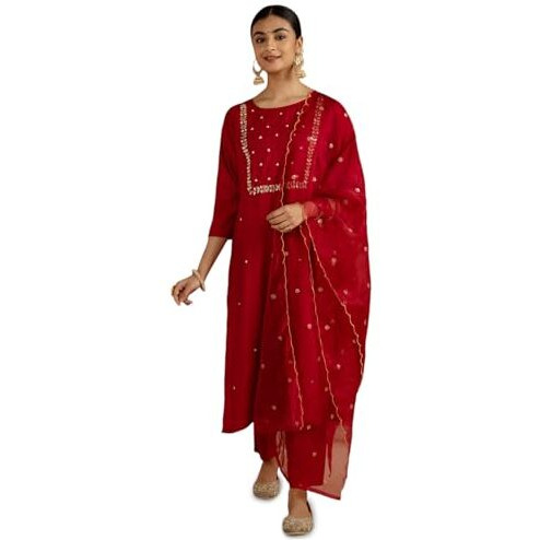 Kaari Roman Silk Womens Kurta Set (KAAAW24WSKD-72002_Mysore Ruby Red_XXL)