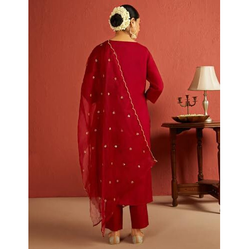 Kaari Roman Silk Womens Kurta Set (KAAAW24WSKD-72002_Mysore Ruby Red_XXL)