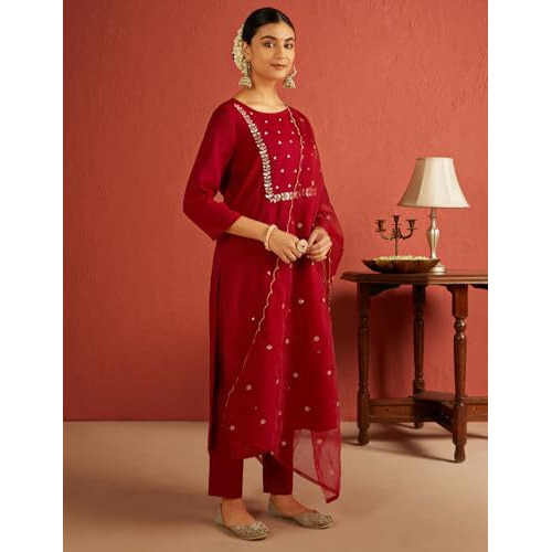 Kaari Roman Silk Womens Kurta Set (KAAAW24WSKD-72002_Mysore Ruby Red_XXL)