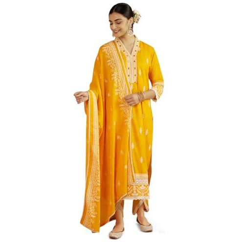 Kaari Cotton Women's Kurta Set (KAAAW24WSKD-92029_Turmeric Gold_2XL)