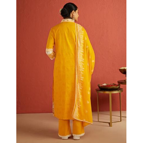 Kaari Cotton Women's Kurta Set (KAAAW24WSKD-92029_Turmeric Gold_2XL)