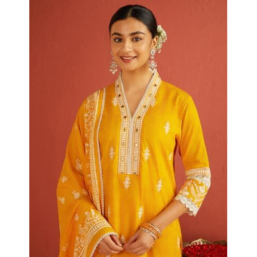 Kaari Cotton Women's Kurta Set (KAAAW24WSKD-92029_Turmeric Gold_2XL)