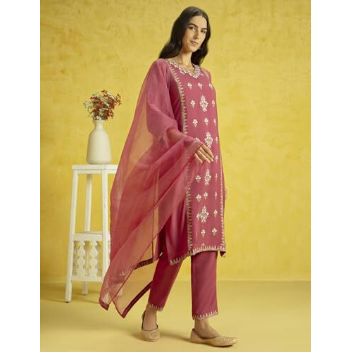 Kaari Rayon Staple 3 PCS Women Kurta Set (KAAAW24WSKD-82020_Rozaana Pink_L)