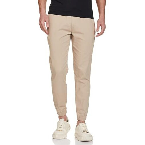 FYLTR Men's Taper Fit Stretch Cotton Joggers with Elasticated Waistband & Drawstrings Beige