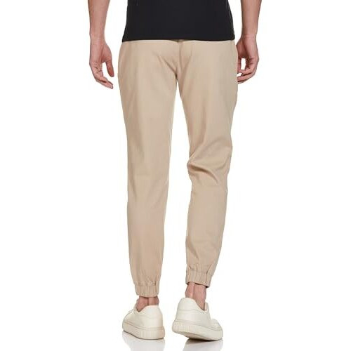 FYLTR Men's Taper Fit Stretch Cotton Joggers with Elasticated Waistband & Drawstrings Beige