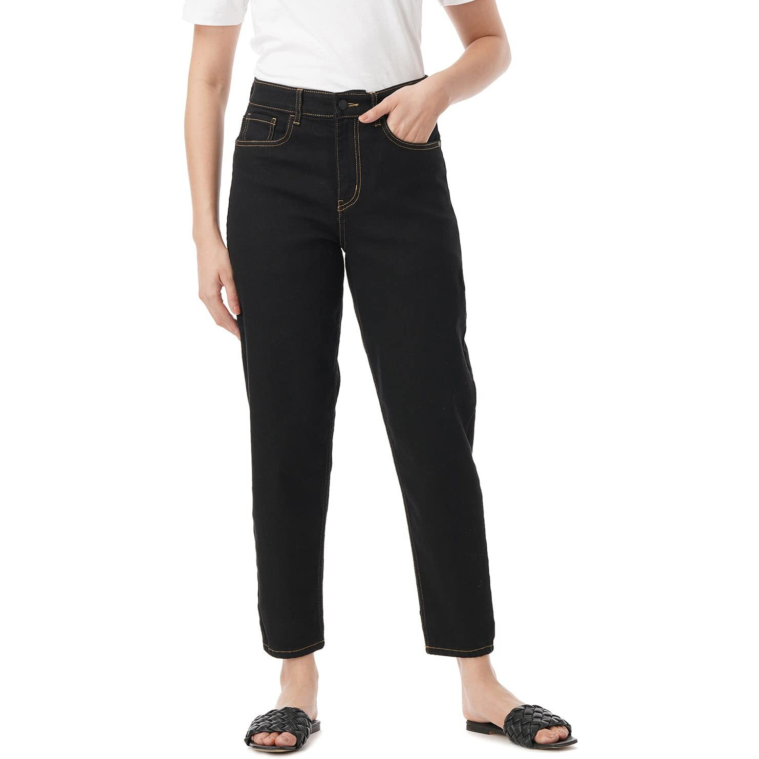 INKD Women's Stretchable Barrell Fit Jeans (Super Black, 28)