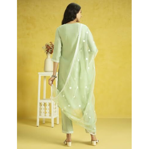 Kaari Roman Silk Womens Kurta Set (KAAAW24WSKD-78974_Seafoam Green_M)