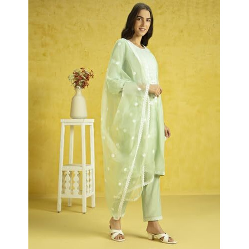 Kaari Roman Silk Womens Kurta Set (KAAAW24WSKD-78974_Seafoam Green_M)