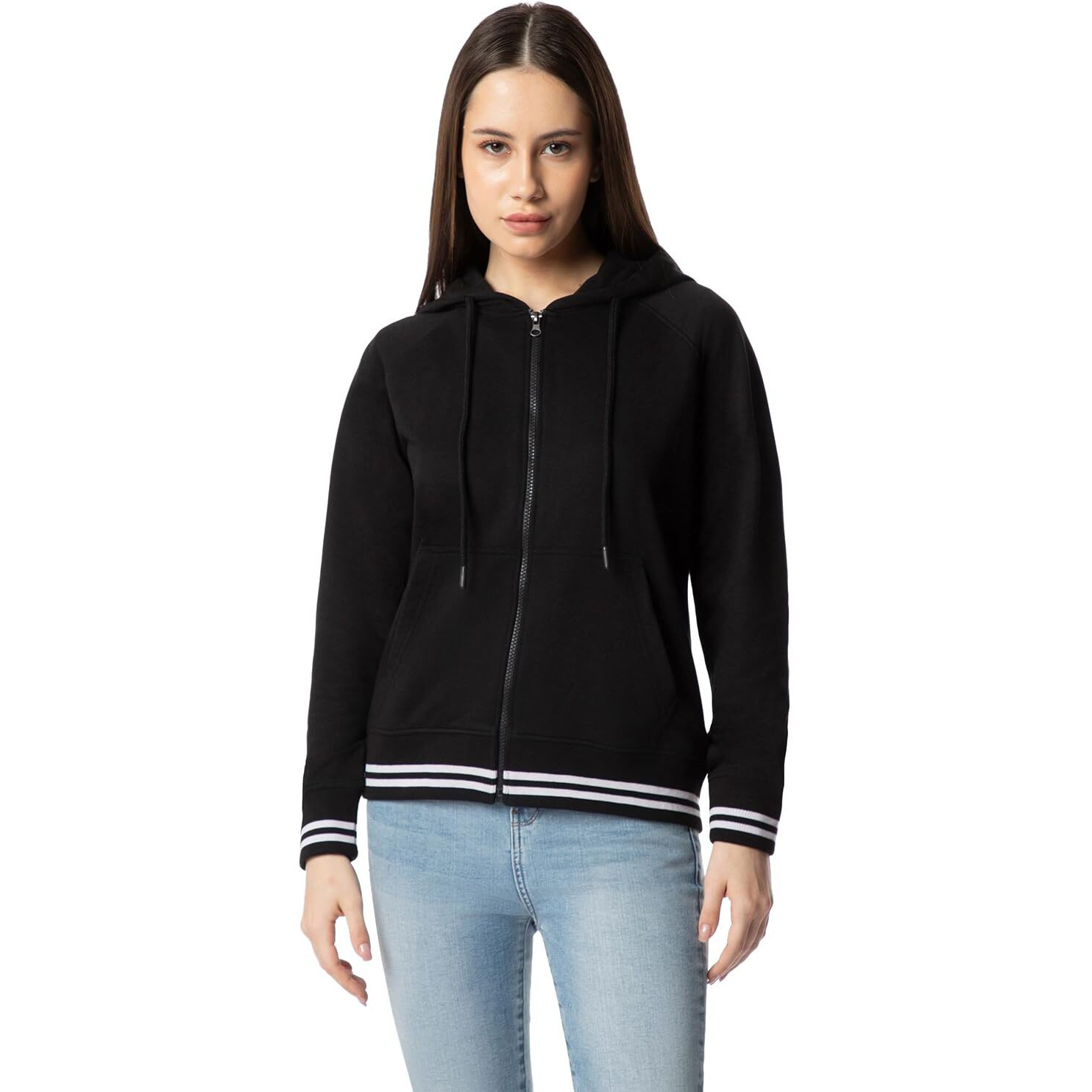 FYLTR Women's Hoodie with Stripe Rib Detail - Sporty Raglan Sleeve | Spacious Side Pockets | Full Zipper | Casual Winterwear for Women