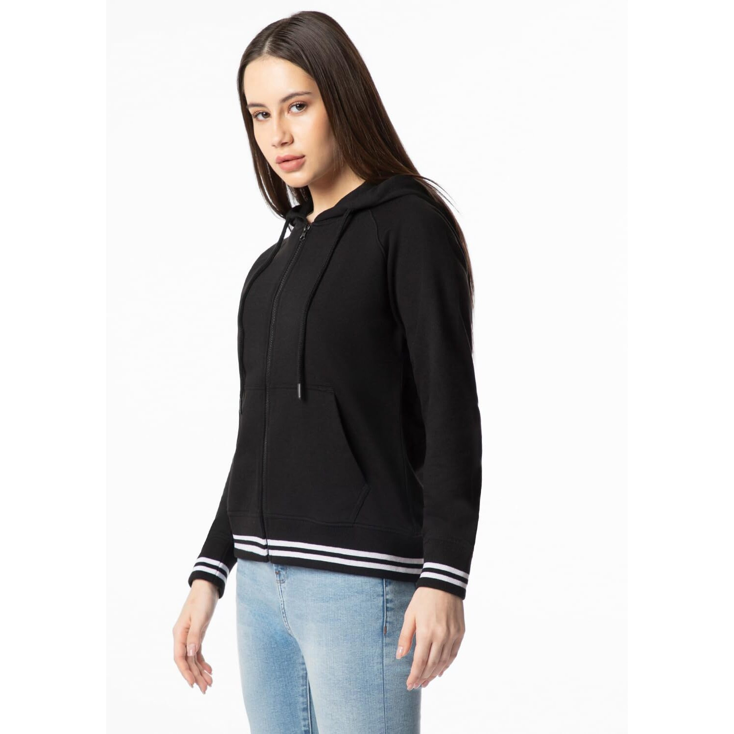 FYLTR Women's Hoodie with Stripe Rib Detail - Sporty Raglan Sleeve | Spacious Side Pockets | Full Zipper | Casual Winterwear for Women