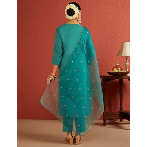 Kaari Roman Silk Womens Kurta Set (KAAAW24WSKD-72002_Imperial Teal_S)