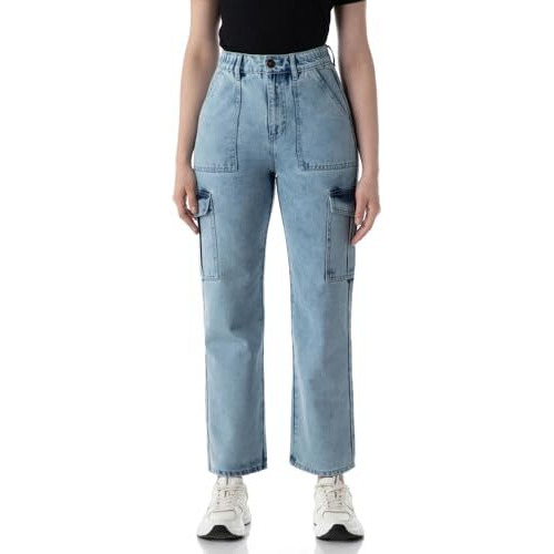 INKD Women's Elasticated Waistband Jeans with Cargo Pockets - High-Rise | 6 Pocket Styling (INKSS24WJN-403-Cosmic Cloud-30)
