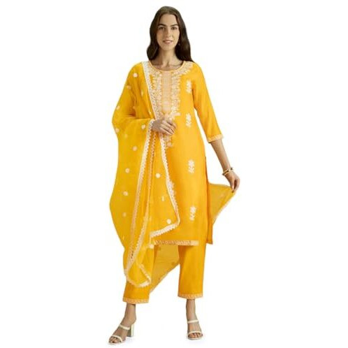 Kaari Roman Silk Womens Kurta Set (KAAAW24WSKD-78974_Turmeric Gold
