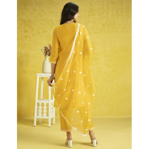 Kaari Roman Silk Womens Kurta Set (KAAAW24WSKD-78974_Turmeric Gold