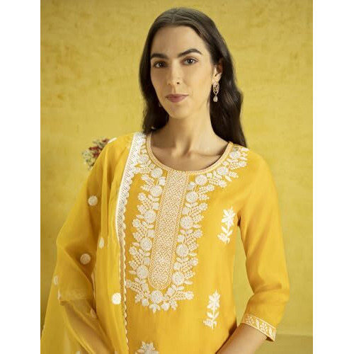 Kaari Roman Silk Womens Kurta Set (KAAAW24WSKD-78974_Turmeric Gold