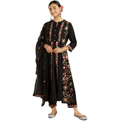 Kaari Rayon Staple 3 PCS Women Kurta Set (KAAAW24WSKD-82025_Kohl Black_M)