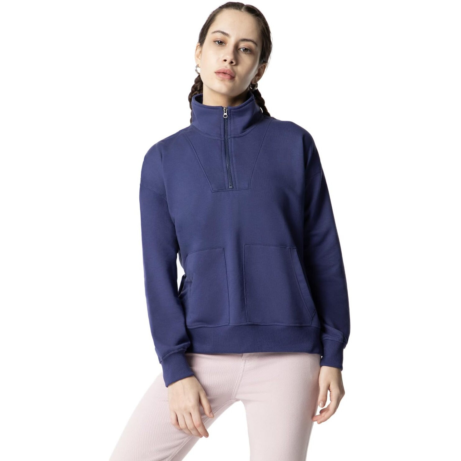 FYLTR Women's Casual Stand Collar Jacket with Drop Shoulder & Boxy Fit - Half Zipper | Utility Pockets | Rib Hem & Cuff