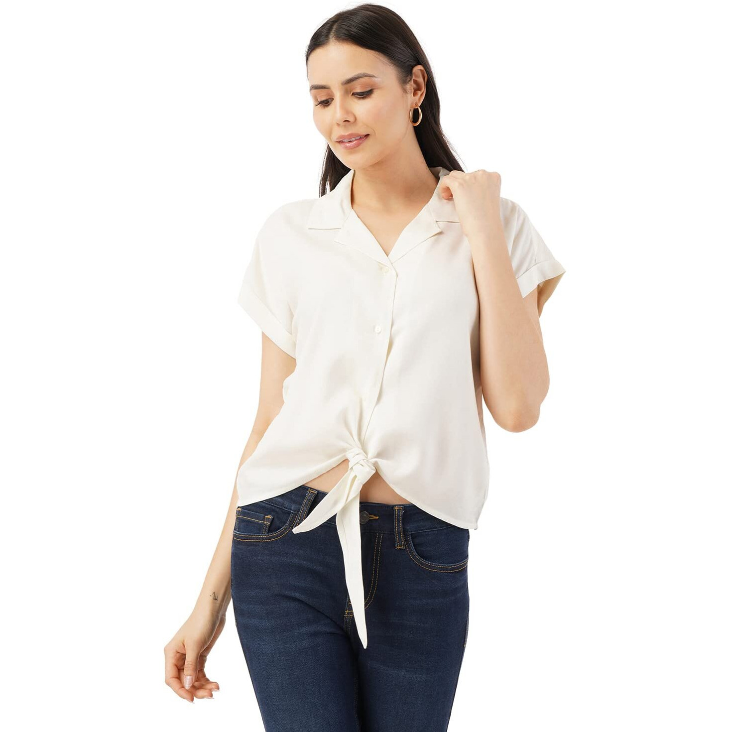 FYLTR Women's Solid Regular Fit Blouse (FYLSS23WB-015_Ivory White M)