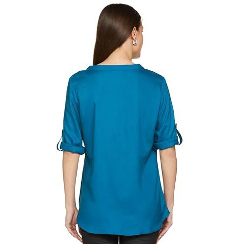 FYLTR Women's Fashion V-Neck Top with Roll-up Sleeves