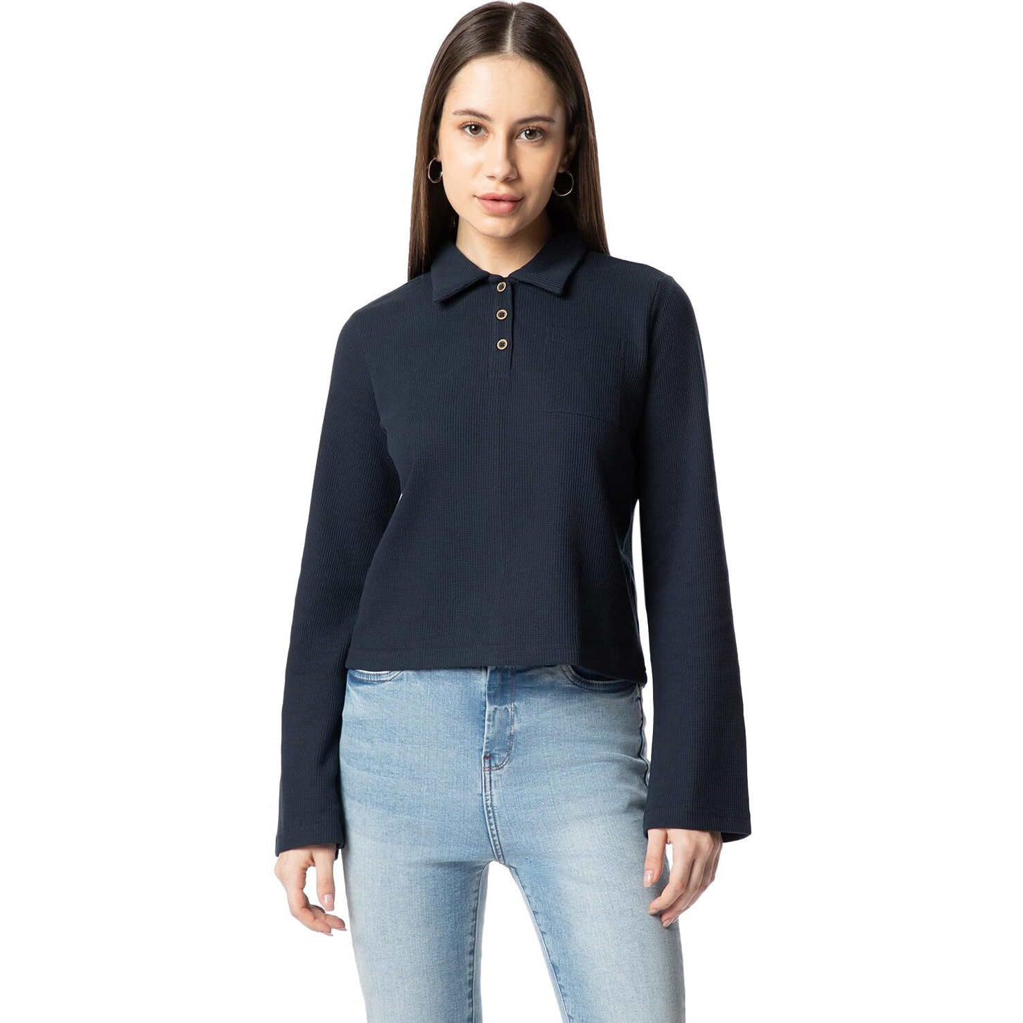 FYLTR Women's Casual Crop Tee with Classic Collar & Flared Sleeves - Contrast Buttons | Stylish Patch Pocket with Flap