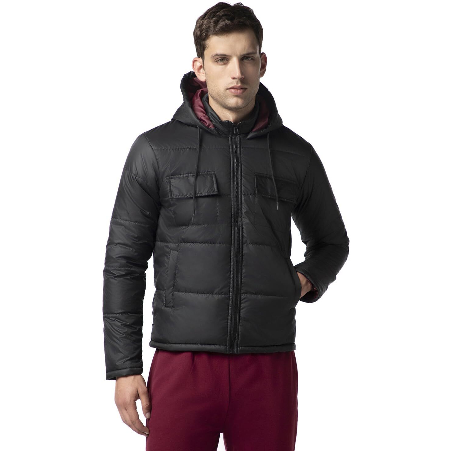 FYLTR Men's Lightweight Winter Puffer Jacket with Stand Collar & Hood- Full Zipper | Side Pockets | Front Patch Pockets with Snap Button