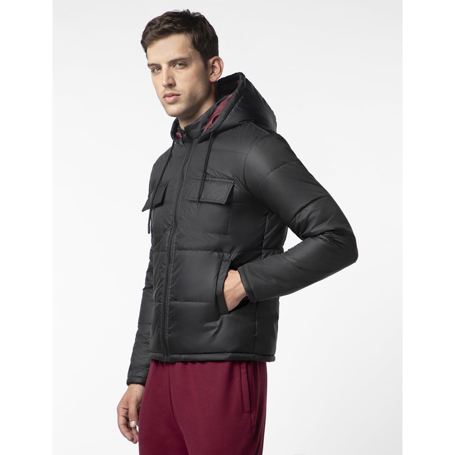 FYLTR Men's Lightweight Winter Puffer Jacket with Stand Collar & Hood- Full Zipper | Side Pockets | Front Patch Pockets with Snap Button