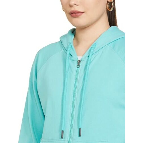 FYLTR Women's Hoodie with Stripe Rib Detail - Sporty Raglan Sleeve | Spacious Side Pockets | Full Zipper | Casual Winterwear for Women Tropical Teal