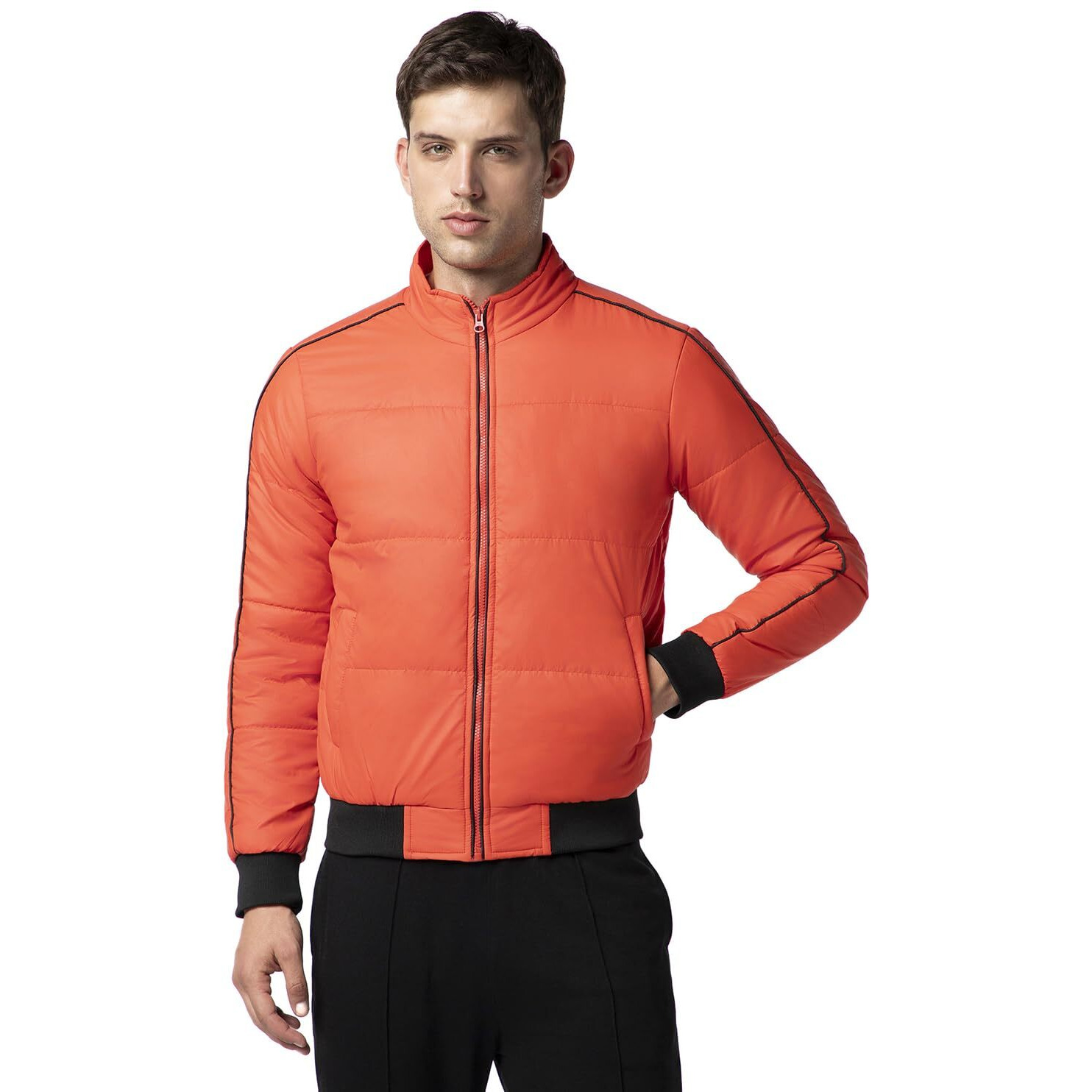 FYLTR Men's Lightweight Winter Puffer Jacket with Contrast Piping Detail - Stand Collar | Full Zipper | Side Pockets | Ribbed Hem & Cuff