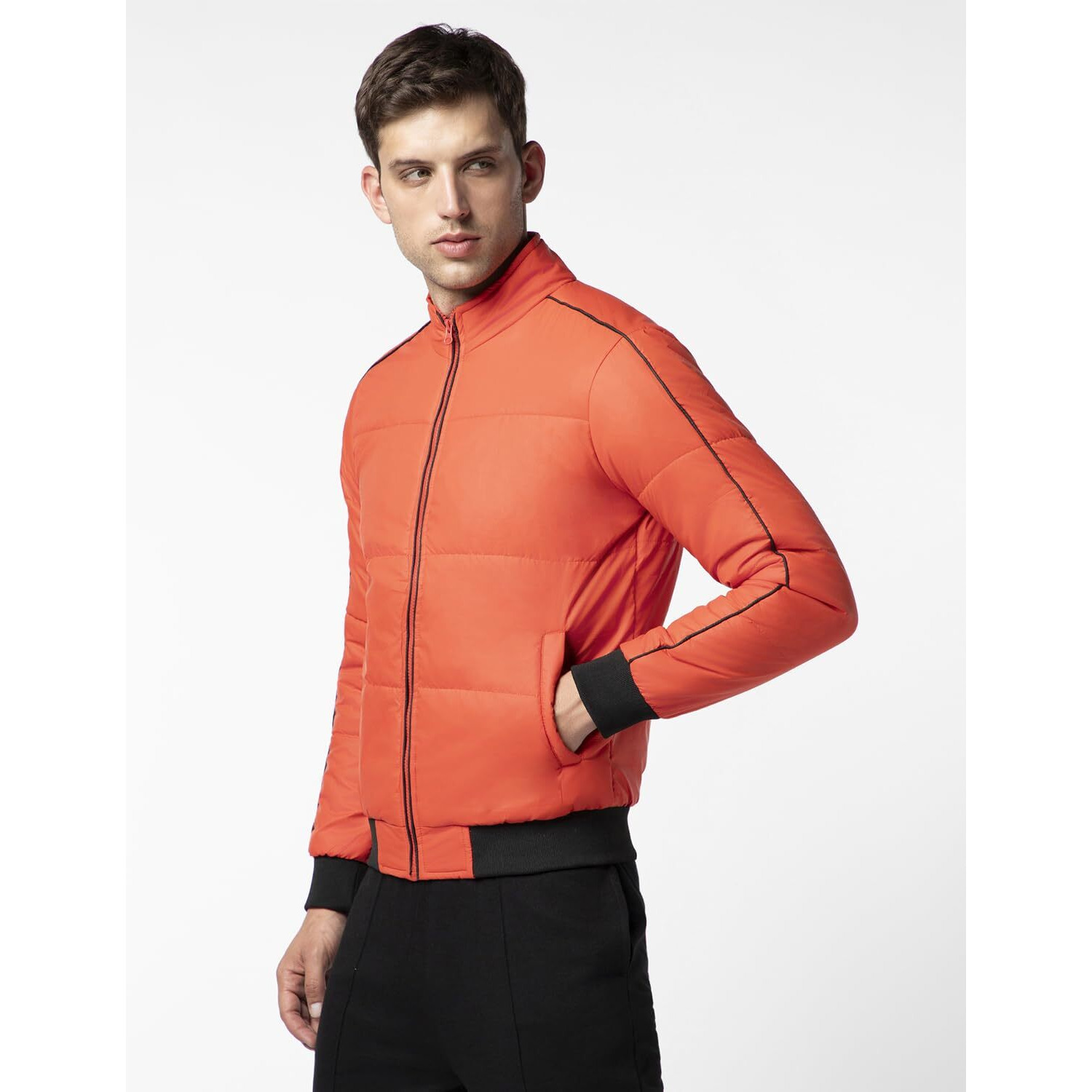 FYLTR Men's Lightweight Winter Puffer Jacket with Contrast Piping Detail - Stand Collar | Full Zipper | Side Pockets | Ribbed Hem & Cuff