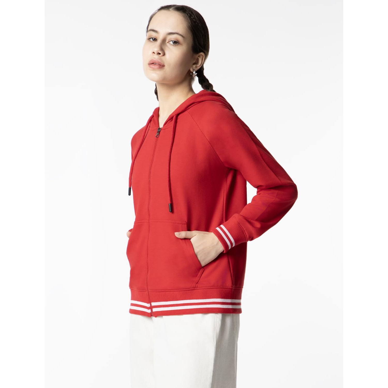 FYLTR Women's Hoodie with Stripe Rib Detail - Sporty Raglan Sleeve | Spacious Side Pockets | Full Zipper | Casual Winterwear for Women
