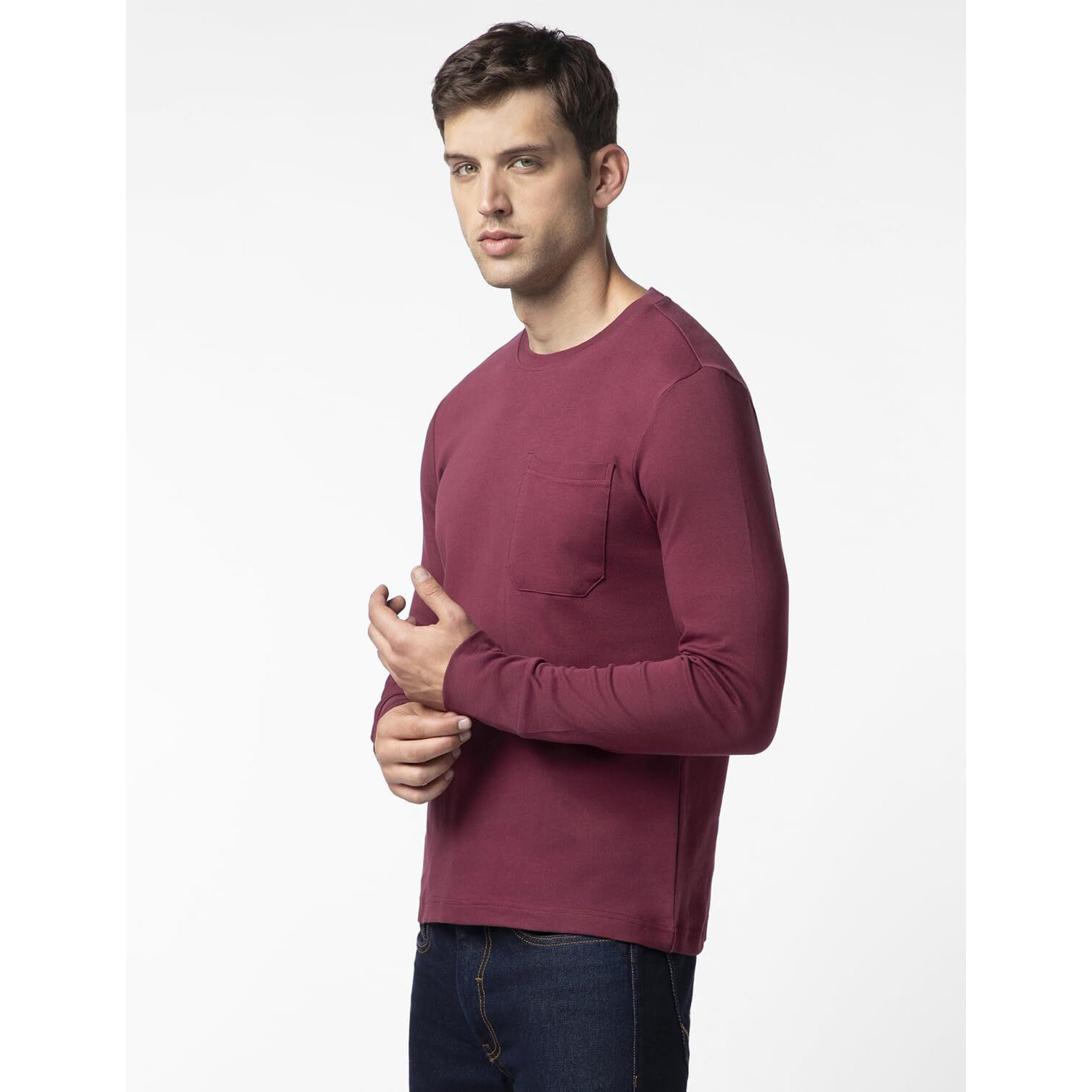 FYLTR Men's Casual Crewneck Full Sleeve T-Shirt with Stab Stitched Front Pocket Detail