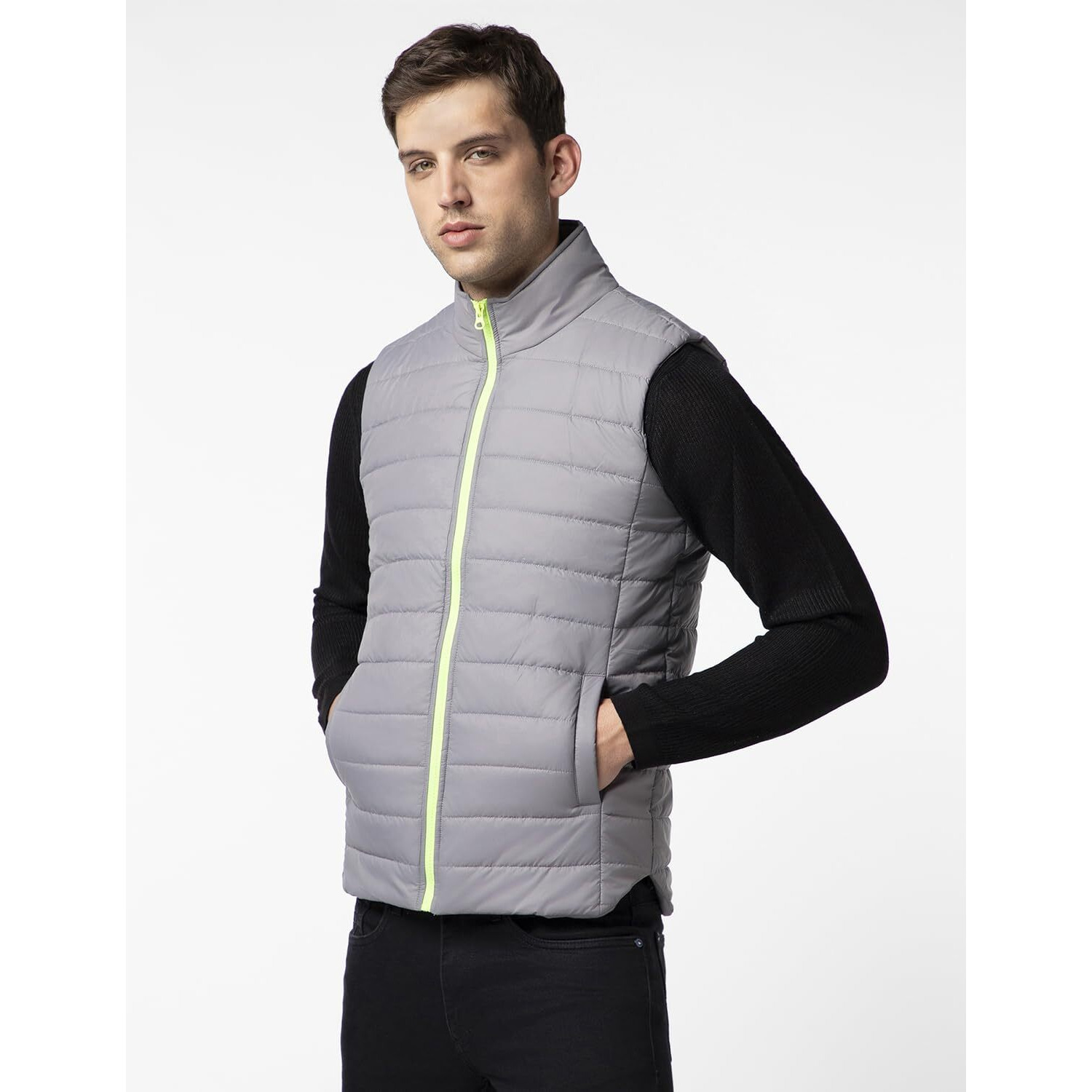 FYLTR Men's Sleeveless Puffer Jacket with Neon Trims - Stand Collar | Full Zipper | Side Pockets | Shaped Hem
