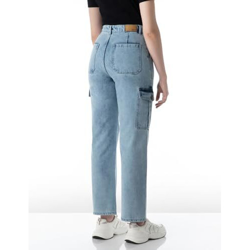 INKD Women's Elasticated Waistband Jeans with Cargo Pockets - High Rise | 6 Pocket Styling (INKSS24WJN-403-Cosmic Cloud-34), Blue