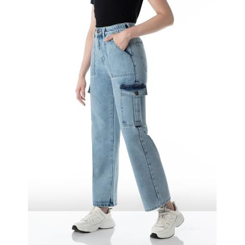 INKD Women's Elasticated Waistband Jeans with Cargo Pockets - High Rise | 6 Pocket Styling (INKSS24WJN-403-Cosmic Cloud-34), Blue