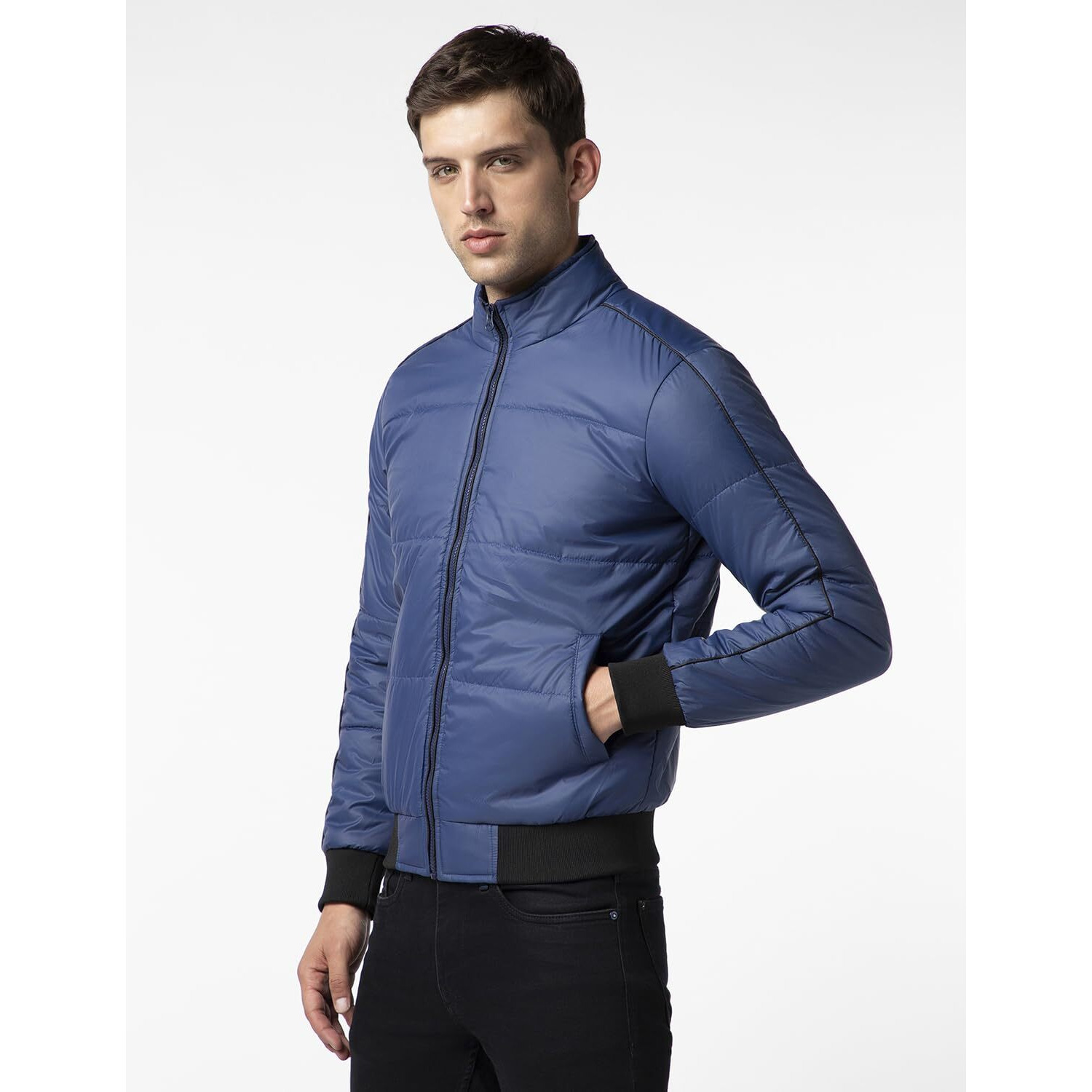 FYLTR Men's Lightweight Winter Puffer Jacket with Contrast Piping Detail - Stand Collar | Full Zipper | Side Pockets | Ribbed Hem & Cuff