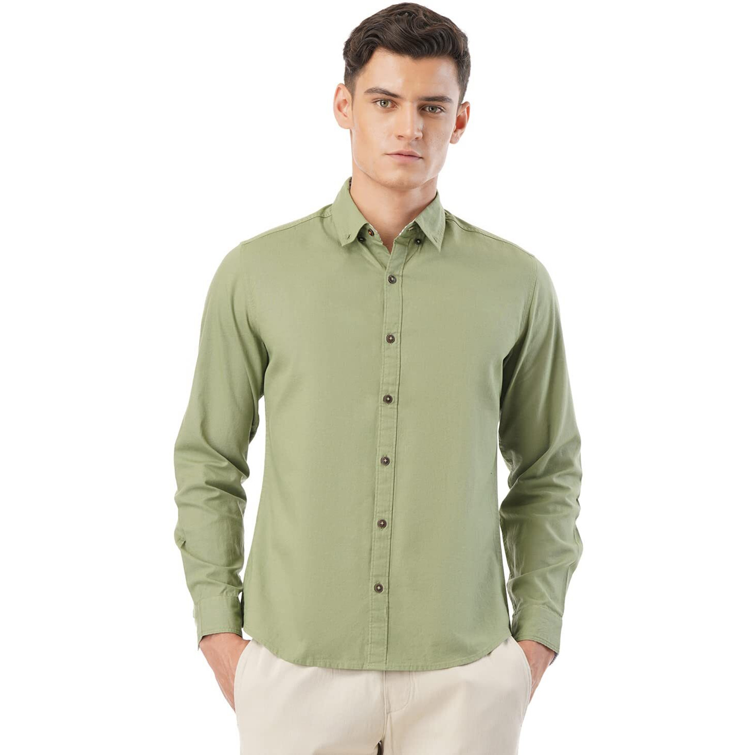 FYLTR Men's Solid Slim Fit Shirt (FYLSS23MS-010_Mythical Olive L)
