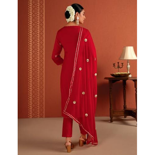 Kaari Roman Silk Womens Kurta Set (KAAAW24WSKD-70019_Bridal Red_S)