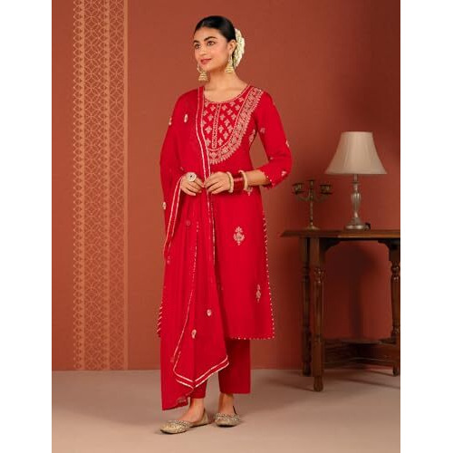 Kaari Roman Silk Womens Kurta Set (KAAAW24WSKD-70019_Bridal Red_S)