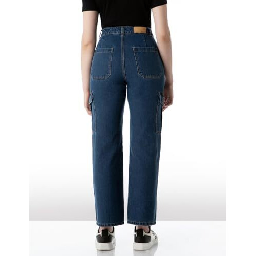 INKD Women's Elasticated Waistband Jeans with Cargo Pockets - High Rise | 6 Pocket Styling (INKSS24WJN-403-Inkwell Indigo-30), Blue