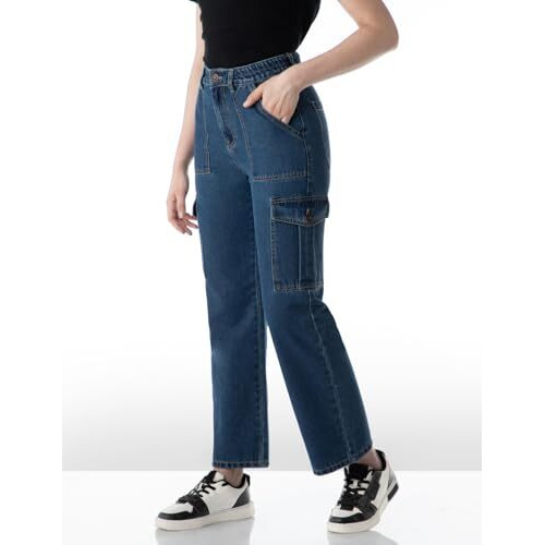 INKD Women's Elasticated Waistband Jeans with Cargo Pockets - High Rise | 6 Pocket Styling (INKSS24WJN-403-Inkwell Indigo-30), Blue