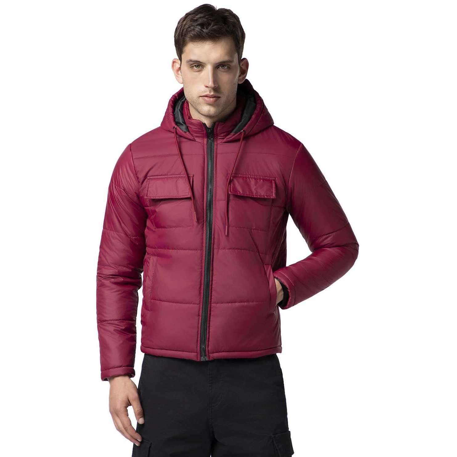 FYLTR Men's Lightweight Winter Puffer Jacket with Stand Collar & Hood- Full Zipper | Side Pockets | Front Patch Pockets with Snap Button