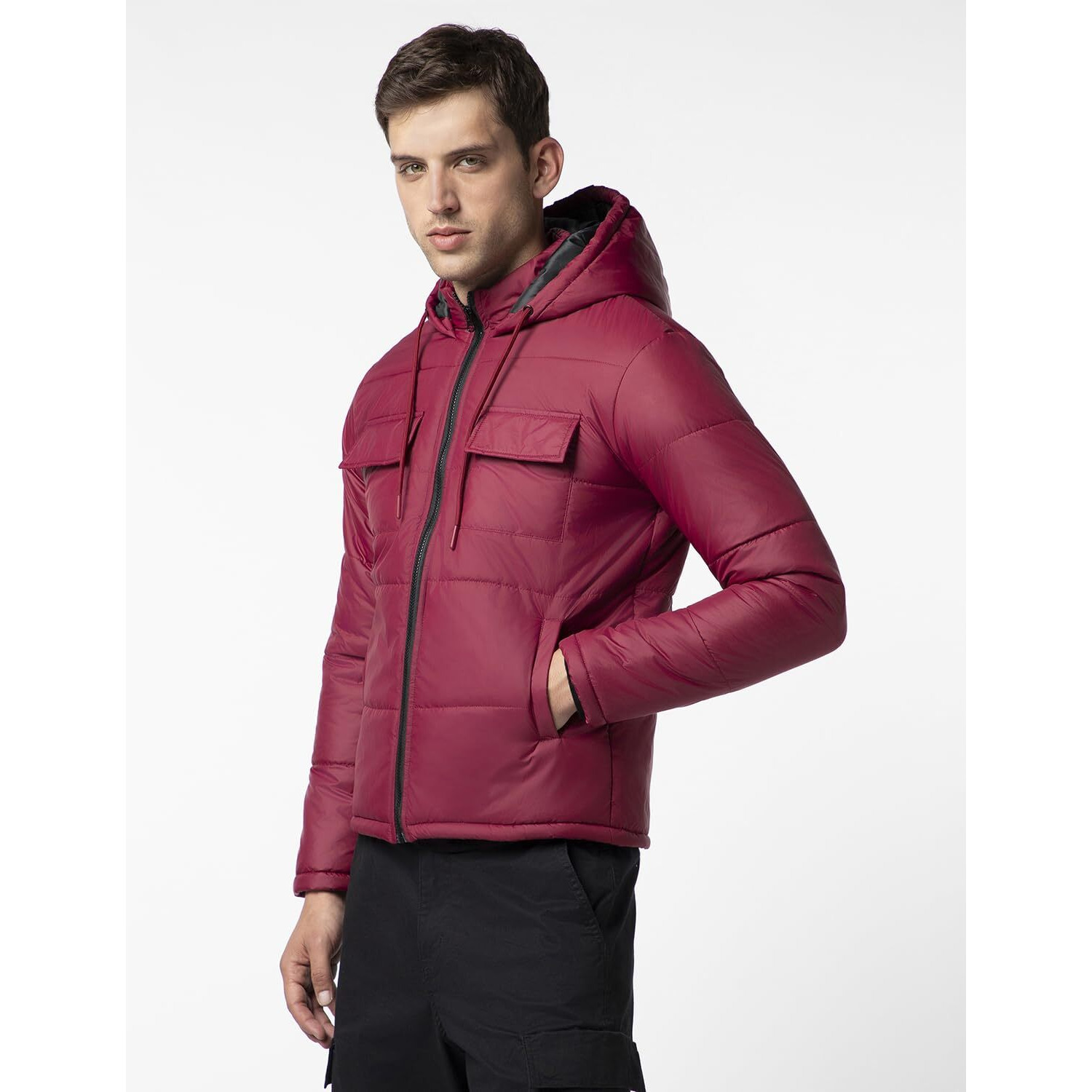 FYLTR Men's Lightweight Winter Puffer Jacket with Stand Collar & Hood- Full Zipper | Side Pockets | Front Patch Pockets with Snap Button