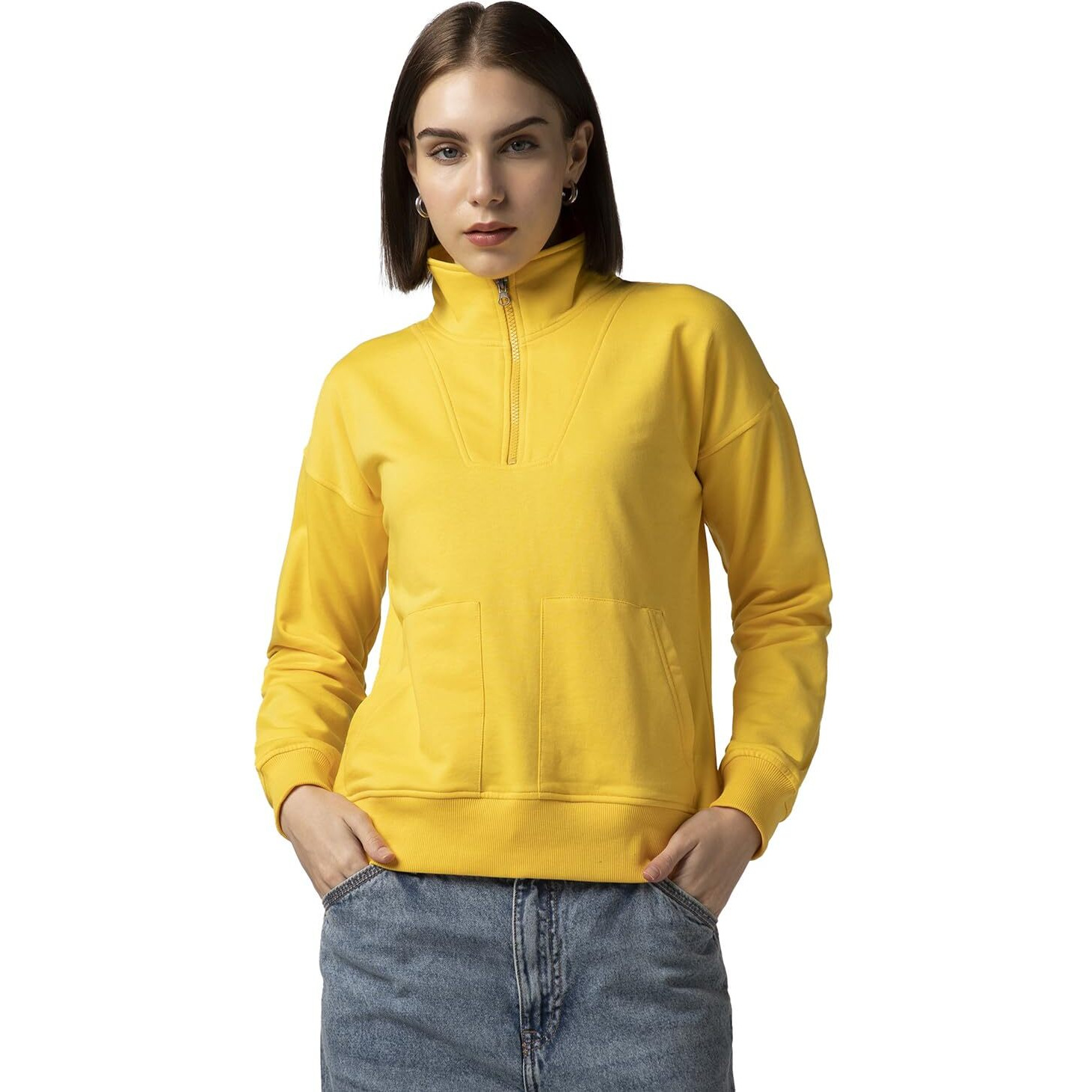 FYLTR Women's Casual Stand Collar Jacket with Drop Shoulder & Boxy Fit - Half Zipper | Utility Pockets | Rib Hem & Cuff Mellow Yellow