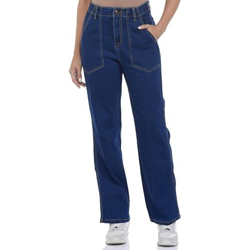 INKD Women's Straight Fit Jeans - High-Rise | Enzyme Wash (INKSS24WJN-408-High Tide-34)