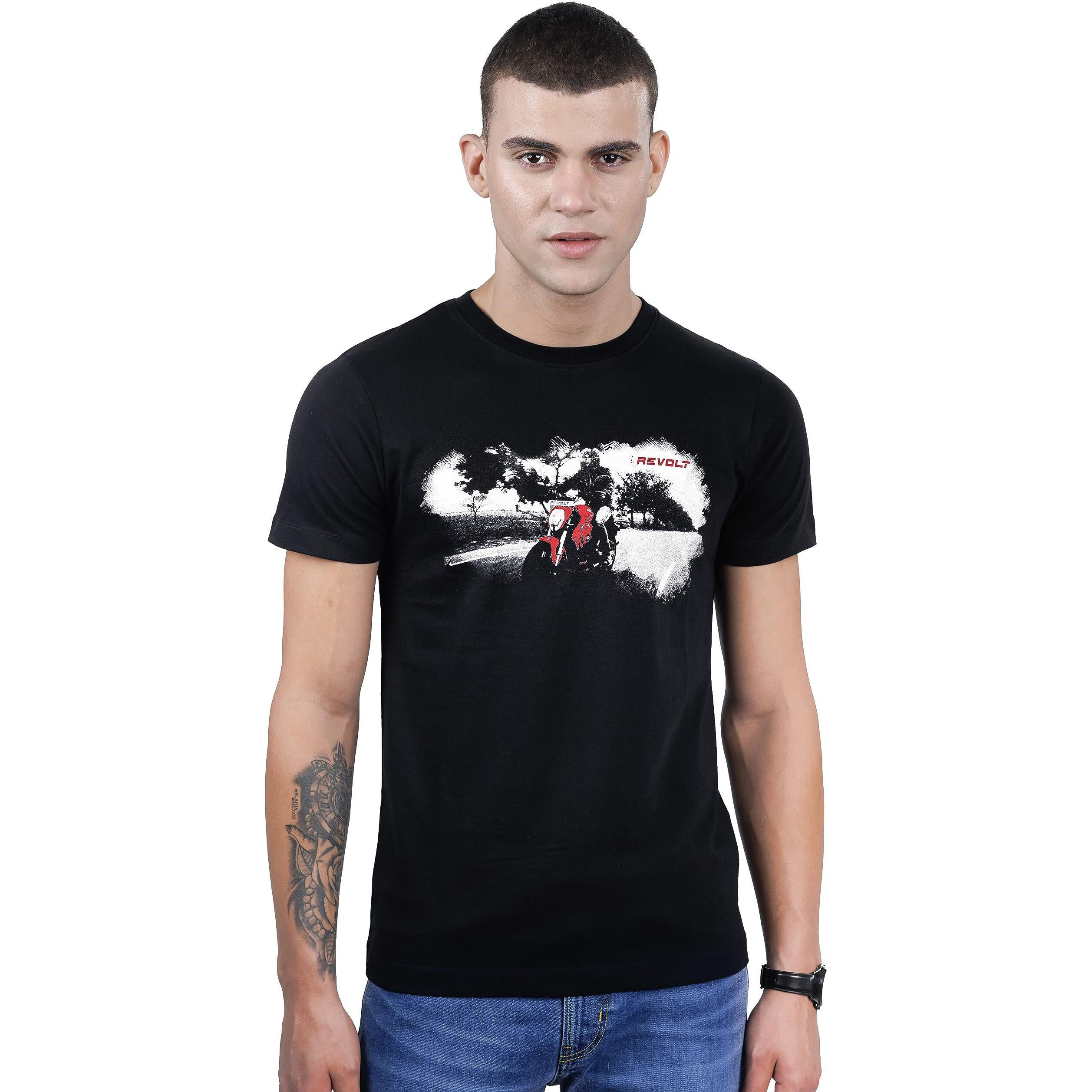 REVOLT Solid Slim Fit Men's Casual Round Neck 100% Cotton T-Shirt-Photographic Print (Jet Black, XL) (REVSS23-GRA-001