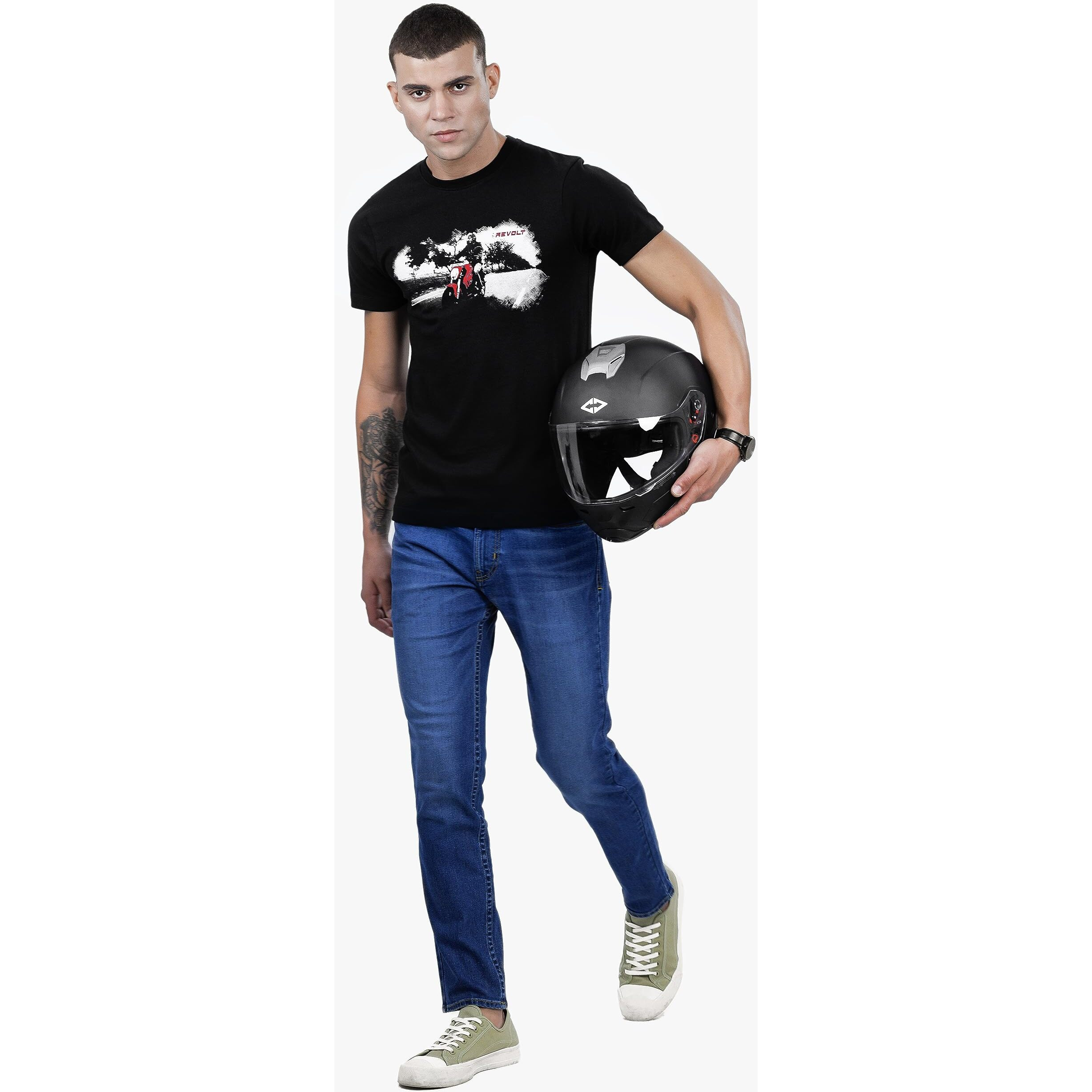 REVOLT Solid Slim Fit Men's Casual Round Neck 100% Cotton T-Shirt-Photographic Print (Jet Black, XL) (REVSS23-GRA-001