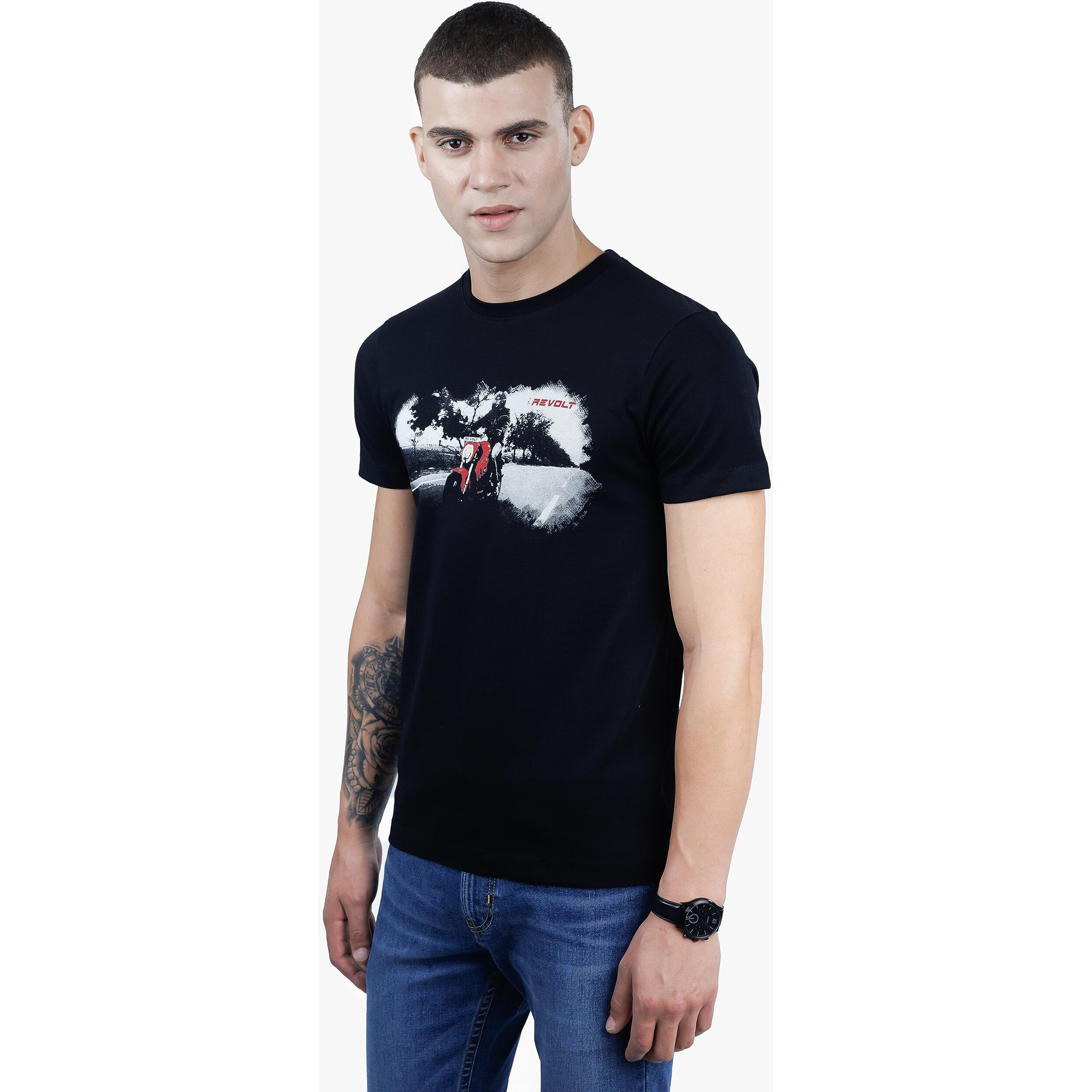 REVOLT Solid Slim Fit Men's Casual Round Neck 100% Cotton T-Shirt-Photographic Print (Jet Black, XL) (REVSS23-GRA-001
